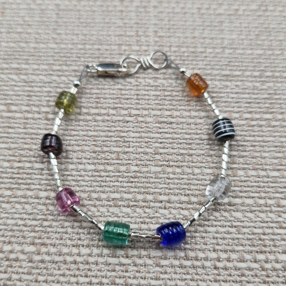 7 Inch Sterling Silver Colorful Glass Braided Style Bracelet B915